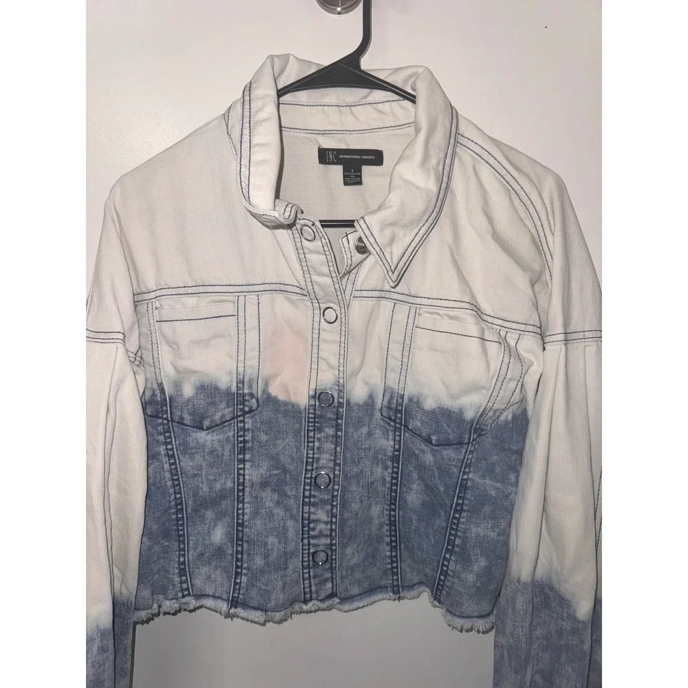 INC International Concepts Two ToneDip Dye Cropped Denim Jacket Blue White Small